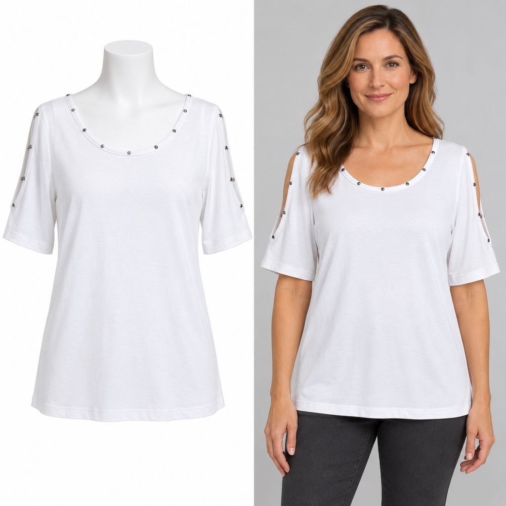 Quacker Factory Top Women Medium White Cold Shoulder Rhinestone Short Sleeve Tee